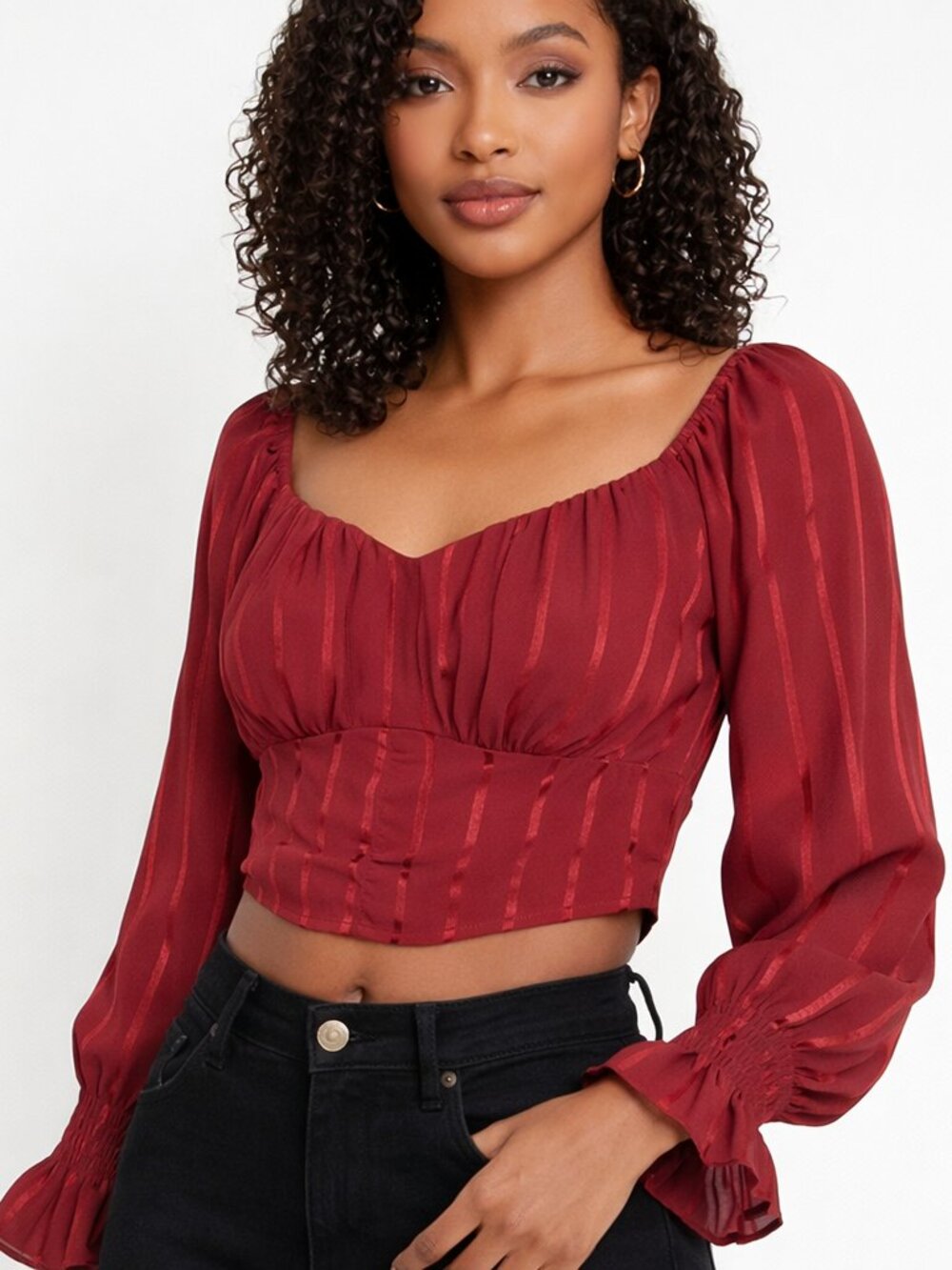 Burgundy Cropped Long Sleeve Blouse | Small